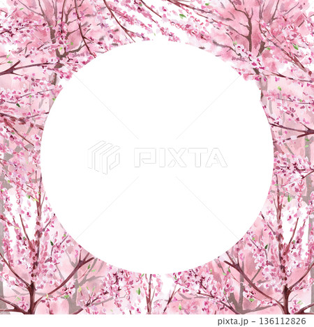A round frame with blooming gardens. Isolated watercolor illustration of spring trees for invitations, product packaging, interior design, travel websites, and travel blogs. 136112826