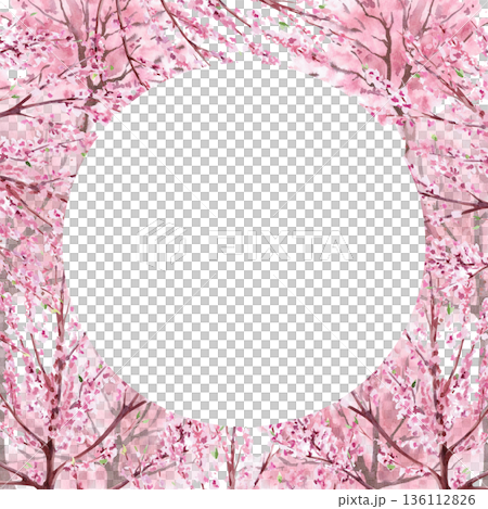 A round frame with blooming gardens. Isolated watercolor illustration of spring trees for invitations, product packaging, interior design, travel websites, and travel blogs. 136112826