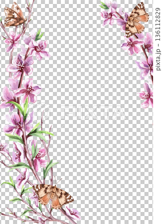 Vertical rectangular frame with blooming peach branches and butterflies. Isolated watercolor illustration for the design of postcards, invitations, interior, packaging printing. Vertical rectangular frame with blooming peach branches and butterflies. Isolated watercolor illustration for the design of postcards, invitations, interior, packaging printing. 136112829