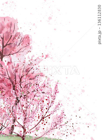 A vertical rectangular frame with flowering trees. Isolated watercolor illustration for postcards, invitations, interior design, and packaging printing. 136112830