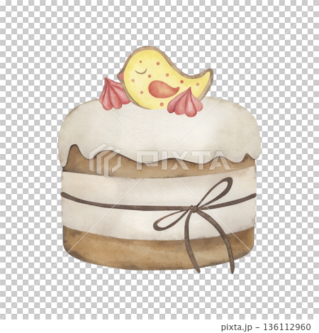 Easter watercolor illustration of a traditional cake with cute bird and meringue isolated on white background. Hand-drawn botanical style clipart for spring greeting card, menu or food design 136112960