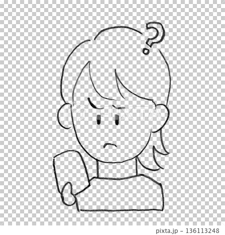 Line drawing of a woman looking at her smartphone and having questions Line drawing of a woman looking at her smartphone and having questions 136113248