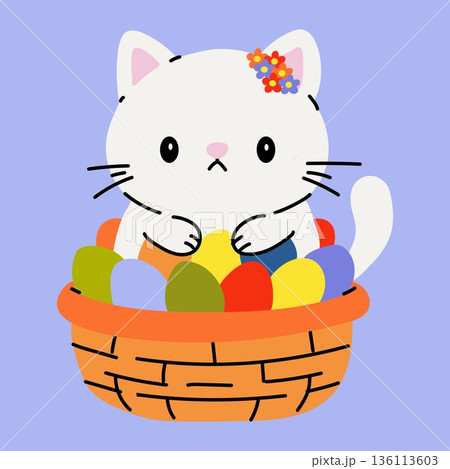 Cute White Cat in Easter Basket with Colorful Eggs Cute White Cat in Easter Basket with Colorful Eggs 136113603