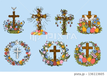 Springtime Crosses Decorated with Floral Wreaths and Easter Symbols Springtime Crosses Decorated with Floral Wreaths and Easter Symbols 136113605