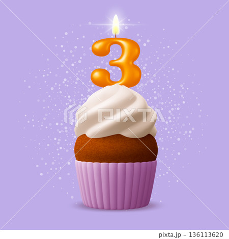 Three Years Birthday Cupcake with Number 3 Candle 136113620