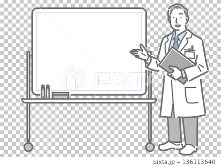 ホワイトボードを使って説明する男性医師 シンプルでお洒落な線画イラスト ホワイトボードを使って説明する男性医師 シンプルでお洒落な線画イラスト 136113640