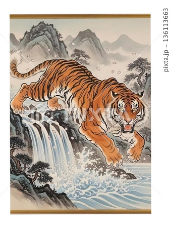 日本画風に描いた、川に入ろうとする迫力ある虎のイラスト 136113663