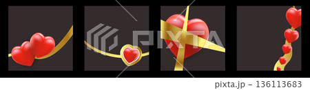 Romantic 3D heart banners with golden silk ribbons, set of square social media posts for Valentine s Day sale and holiday greetings on dark backdrop. Valentines blank square banner collection Romantic 3D heart banners with golden silk ribbons, set of square social media posts for Valentine s Day sale and holiday greetings on dark backdrop. Valentines blank square banner collection 136113683