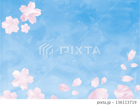 水彩風の青空に桜がほころぶ背景素材 136113719