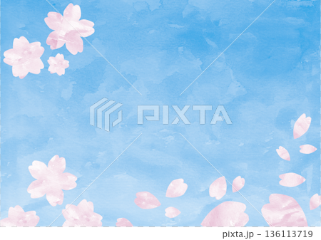 水彩風格背景素材，櫻花在藍天中盛開 136113719
