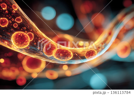 赤く輝く粒子が流れる透明空間の未来的ビジュアル 136113784