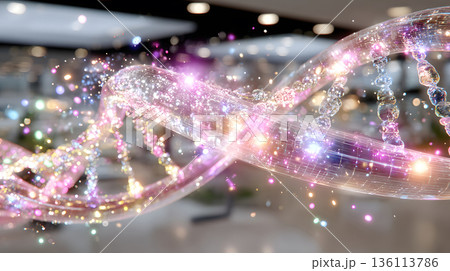 A glowing DNA strand overlaid with holographic AI interface inside a futuristic lab. 136113786