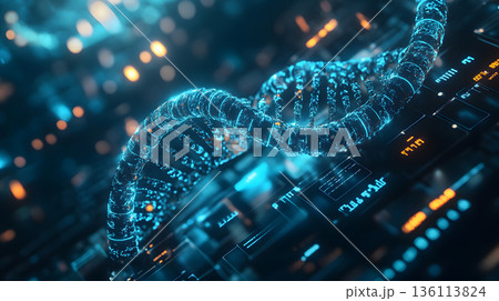 A glowing DNA strand overlaid with holographic AI interface inside a futuristic lab. 136113824