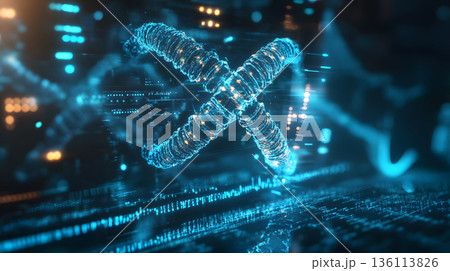 A glowing DNA strand overlaid with holographic AI interface inside a futuristic lab. 136113826