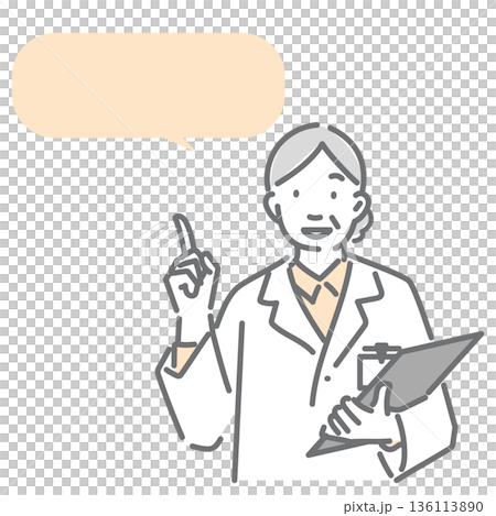 An experienced female doctor explaining with her index finger raised. A simple and stylish line drawing illustration 136113890