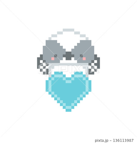水色のハートとシマエナガの雛のドット絵 水色のハートとシマエナガの雛のドット絵 136113987