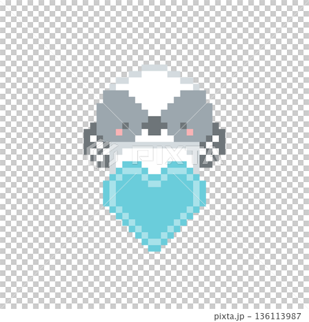 水色のハートとシマエナガの雛のドット絵 水色のハートとシマエナガの雛のドット絵 136113987