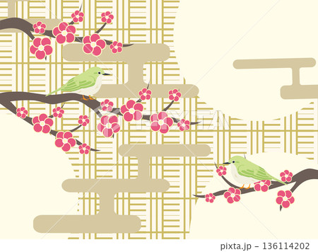 和柄の背景と梅の花とめじろ 136114202