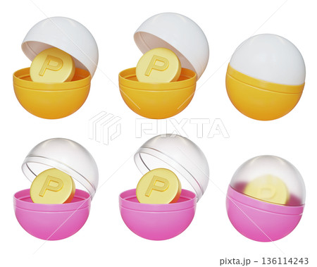Golden coin inside gashapon capsule 3D illustration 136114243