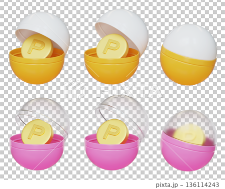 Golden coin inside gashapon capsule 3D illustration 136114243