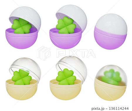 Four leaf clover inside gashapon capsule 3D illustration Four leaf clover inside gashapon capsule 3D illustration 136114244