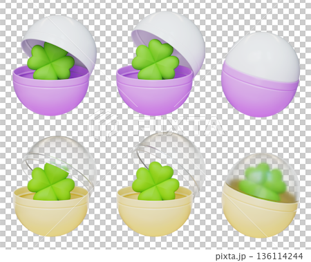 Four leaf clover inside gashapon capsule 3D illustration Four leaf clover inside gashapon capsule 3D illustration 136114244