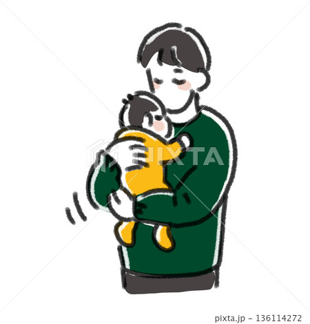 赤ちゃんを抱っこしてあやす父親のイラスト シンプル 線画 パパの育児・寝かしつけ・日常の挿絵 赤ちゃんを抱っこしてあやす父親のイラスト シンプル 線画 パパの育児・寝かしつけ・日常の挿絵 136114272