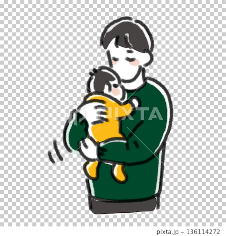 赤ちゃんを抱っこしてあやす父親のイラスト シンプル 線画 パパの育児・寝かしつけ・日常の挿絵 赤ちゃんを抱っこしてあやす父親のイラスト シンプル 線画 パパの育児・寝かしつけ・日常の挿絵 136114272