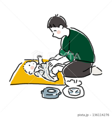 赤ちゃんの肌着やおむつを替える父親のイラスト シンプル 線画 パパの育児・おむつ替えの挿絵 136114276