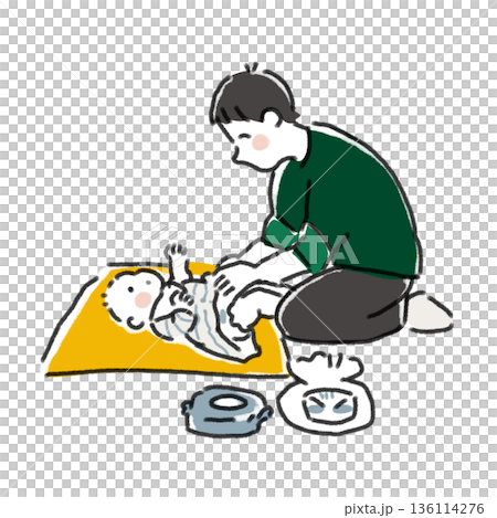 赤ちゃんの肌着やおむつを替える父親のイラスト シンプル 線画 パパの育児・おむつ替えの挿絵 136114276