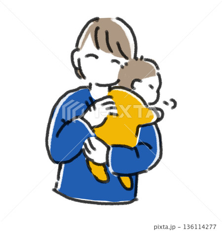 赤ちゃんにゲップをさせる母親のイラスト シンプル 線画 授乳後・育児・日常の挿絵 136114277