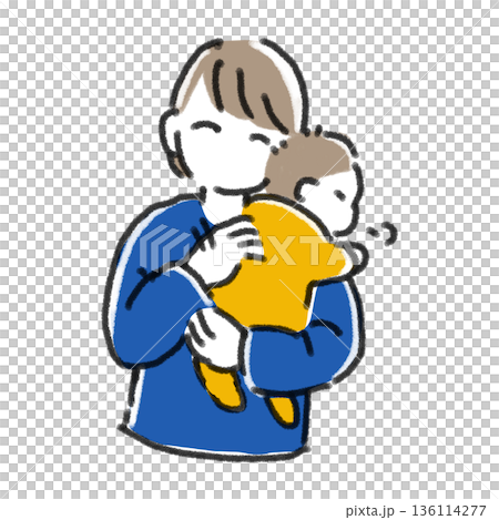 赤ちゃんにゲップをさせる母親のイラスト シンプル 線画 授乳後・育児・日常の挿絵 136114277