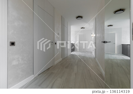Modern minimalist hallway with flush doors and mirrored accents Modern minimalist hallway with flush doors and mirrored accents 136114319
