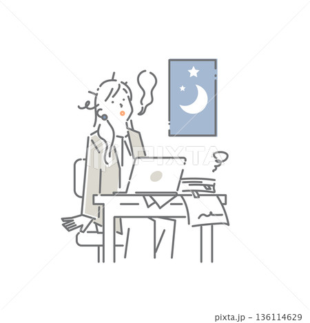 残業中の疲れ切っている若い女性 シンプルでお洒落な線画イラスト 残業中の疲れ切っている若い女性 シンプルでお洒落な線画イラスト 136114629