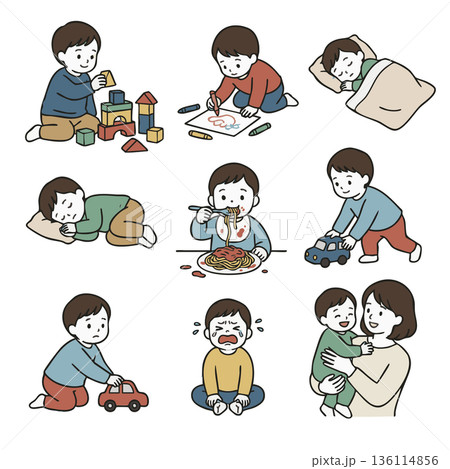 幼児の日常生活と喜怒哀楽のイラストセット 136114856