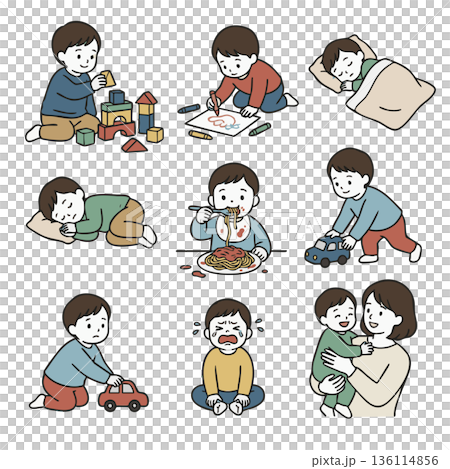 Illustration set of daily life and emotions of young children 136114856