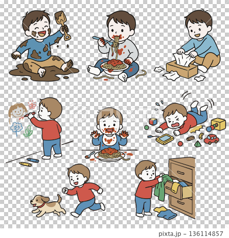 ワンパクな男の子のいたずらと困った行動のイラストセット 136114857
