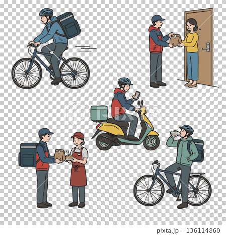 Food delivery worker and service user illustration set 136114860