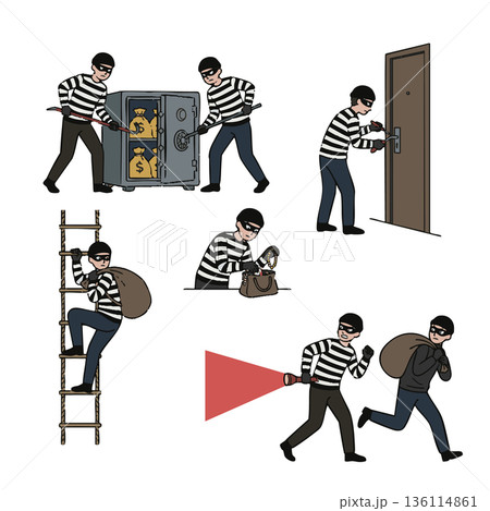 泥棒と空き巣の犯行シーンイラストセット バリエーション 136114861