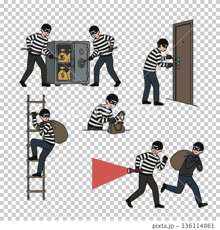 泥棒と空き巣の犯行シーンイラストセット バリエーション 136114861