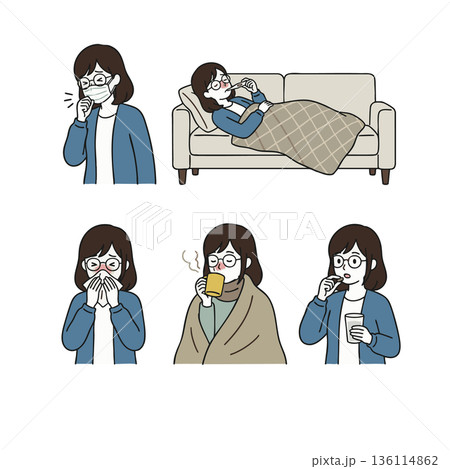 風邪や体調不良で療養する若い女性のイラストセット 136114862