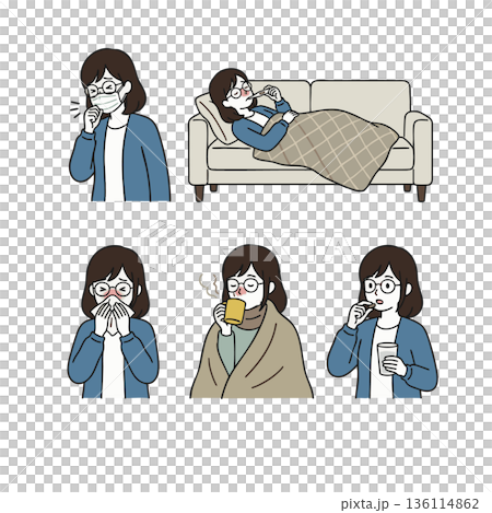 風邪や体調不良で療養する若い女性のイラストセット 136114862