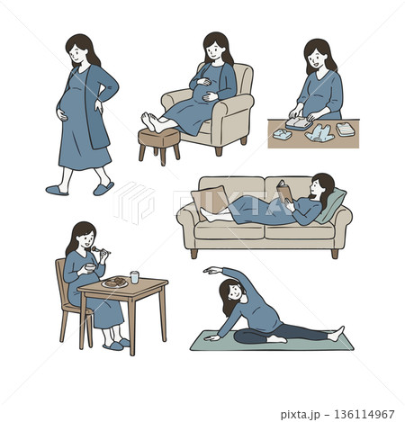 臨月の妊婦の日常生活とマタニティライフのイラストセット 6種 臨月の妊婦の日常生活とマタニティライフのイラストセット 6種 136114967