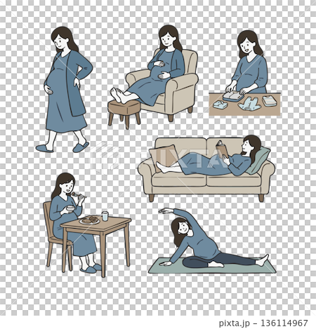 臨月の妊婦の日常生活とマタニティライフのイラストセット 6種 臨月の妊婦の日常生活とマタニティライフのイラストセット 6種 136114967