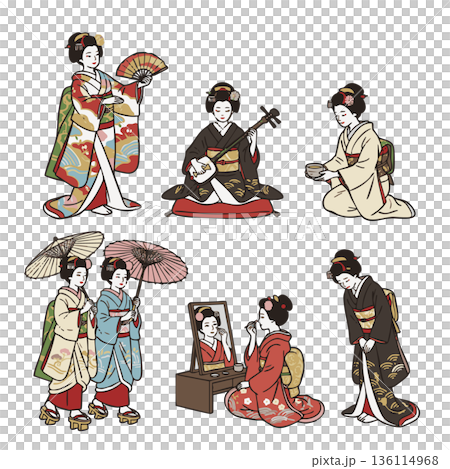 Illustration set of traditional maiko behavior and daily life variations 136114968