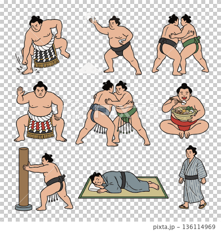 相撲力士的訓練、比賽和日常生活插圖集變體 136114969