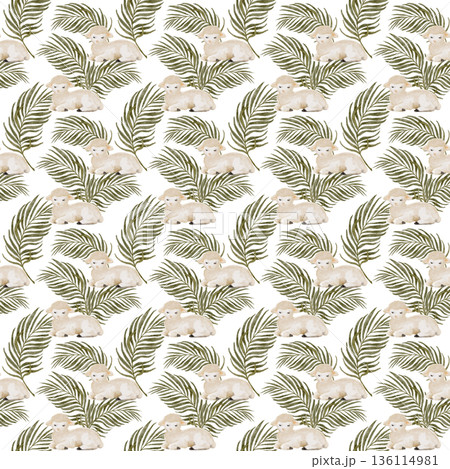 Seamless pattern with lamb and palm leaves, hand-painted watercolor, calm Christian composition for Easter design, faith branding, textiles, packaging, stationery, seasonal backgrounds. Natural tones 136114981