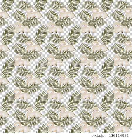 Seamless pattern with lamb and palm leaves, hand-painted watercolor, calm Christian composition for Easter design, faith branding, textiles, packaging, stationery, seasonal backgrounds. Natural tones 136114981