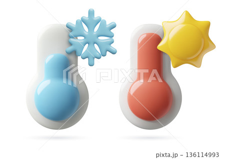 3d thermometer icons with high and low temperature sun and snowflake for hot and cold weather 136114993