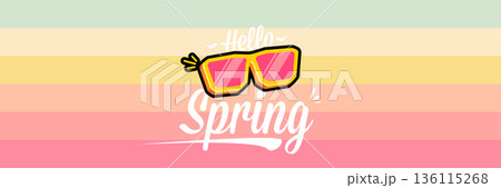 Hello Spring vector banner with text and retro yellow sunglasses isolated on stripped background. Hello Spring poster design template with cartoon sunglasses, retro rainbow, good vibes 136115268